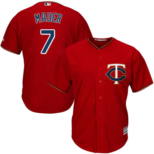 Twins #7 Joe Mauer Red Cool Base Stitched Youth MLB Jersey - Click Image to Close